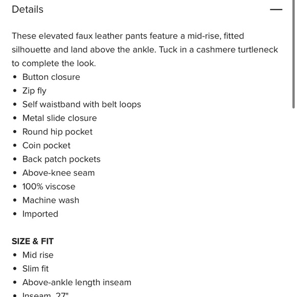 Faux leather pants ankle 27” NWT Hudson North.  Size 12 fits like an 8 to 10 - Picture 3 of 8